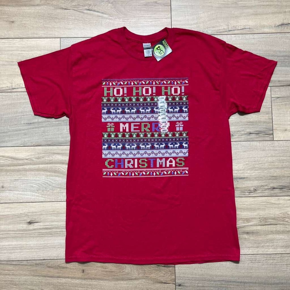 Gildan Mens Ugly Christmas Sweater Graphic Short Sleeve Shirt Size Large Red